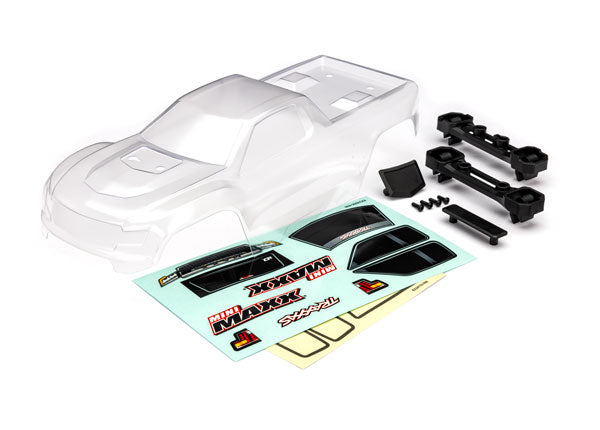 Traxxas Body, Mini Maxx® (clear, requires painting)/ window masks/ decal sheet