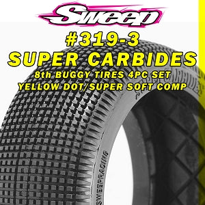 Sweep Super Carbides SUPER SOFT 4pc Tire Set. Yellow Dot for 1/8th buggy 319-3N