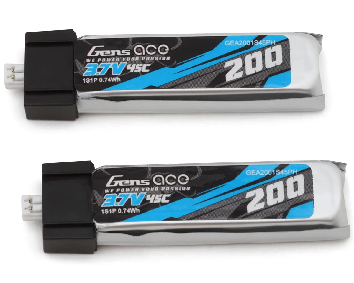 Gens Ace 1S LiPo Battery 45C Set (2) (3.7V/200mAh) w/Molex Connector