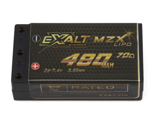 Team Exalt X-Rated 2S 70C Shorty LiPo Battery (7.4V/480mAh) w/2mm Connectors - 1/28