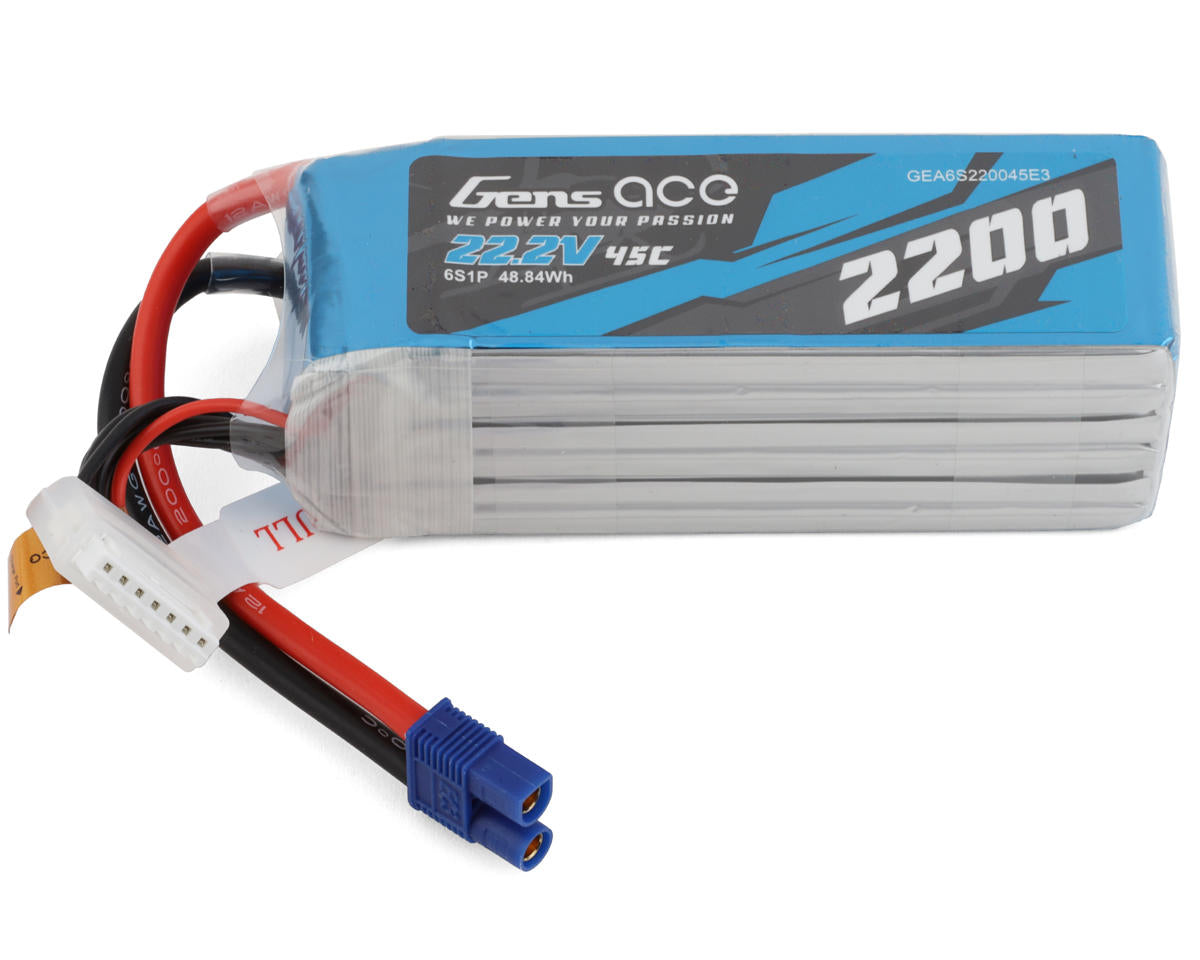 Gens Ace 6S LiPo Battery 45C (22.2V/2200mAh) w/EC3 Connector (Soft Pack)